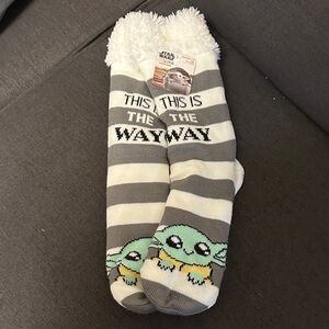 Star Wars Mandalorian Gray and White Striped Socks with Grogu Character
